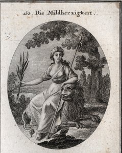 Clemence allegori. Hon är representerad med ett spjut och en olivkvist för att indikera att hon har makten att straffa men också att förlåta. Lejonet är generosits attribut. Gravyr i "" Iconologie oder Ideen aus dem Gebiete der Leidenschaften un av Austrian School