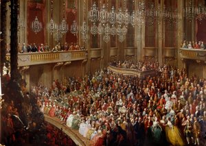 Konsert i Wien i närvaro av den kejserliga familjen. Målning av den österrikiska skolan på 1700-talet. Schönbrunn slott av Austrian School