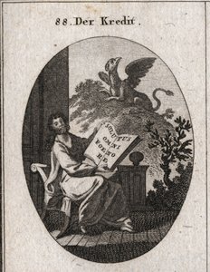 Kredit allegori som håller i en bok med inskriptionen "" Solutus omni foenore"" (Fri från en vinst av alla). I bakgrunden en griffonsymbol för bevarandet och bevarandet av tresorerna. Gravyr i "" Iconologie oder Ideen aus dem Gebiete der Leiden av Austrian School
