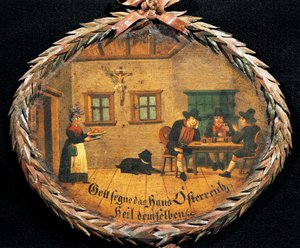 Kunder som sitter vid bordet i värdshuset och servitrisen, oval skylt för värdshus, Österrike av Austrian School