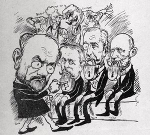 Emile Zola försöker låsa upp låsen som stänger munnen på presidenterna Jean Casimir-Perier (1847-1907) och Felix Faure (1841-1899) samt rådets ordförande Jules Meline (1838-1925), medan han i bakgrunden, Henri Rochefort (1831-1913) berättade för Com av Austrian School