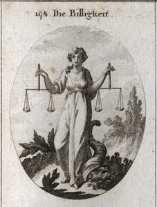 Equity allegori som håller två vågar på samma höjd. Hennes egenskap är överflödshornet för att visa att hon belönar med godhet efter att ha röjt med rätta. Gravyr i "" Iconologie oder Ideen aus dem Gebiete der Leidenschaften und Allegorien bildic av Austrian School