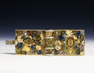 Bild av ett miniatyrmanuskript från 1600-talet i ett emaljerat guldband, ca 1640 av Austrian School