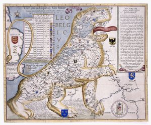 Leo Belgicus, visar de låga länderna i form av ett lejon, 1586