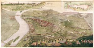Karta som illustrerar fångsten av Buda, 1686 (färggravyr)