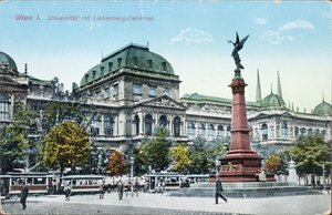 Vykort föreställande universitetet i Wien och Liebenbergmonumentet, c.1915 av Austrian School