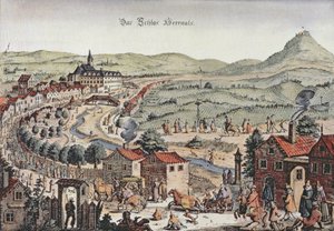 Utsikt över norra Wien med Schlos Hernals och Kahlenberg-kullarna i bakgrunden (gravyr) av Austrian School