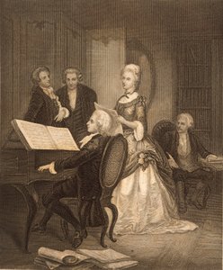 Wolfgang Amadeus Mozart ackompanjerar Caterina Maddalena Giuseppa (gravyr) av Austrian School