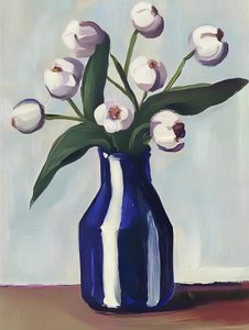 Vita blommor i blå vas av Avanesova Elena