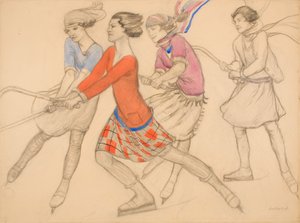 Hockey på isen (penna med akvarell och bläck på papper) av Averil Mary Burleigh