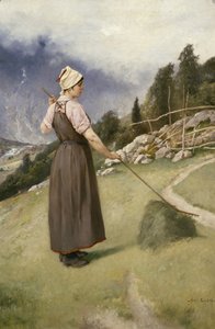 Tjej som krattar hö (olja på duk)