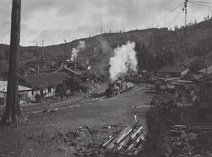 Japan: Numanohira, transport av timmer (svartvitt foto)