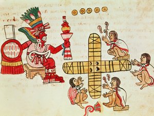 Spelar Patoli och guden, Xochipilli, från Codex Magliabechiano (vellum)