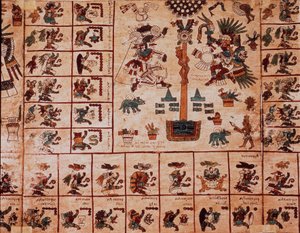 Representation av aztekiska gudar och rutor som motsvarar kalendern. Sida av det aztekiska manuskriptet på bark "Codex Borbonicus", precolombiansk inhemsk codex i centrala Mexiko, sent 1400-tal. Nationalförsamlingens bibliotek (Palais Bourbon). av Aztec