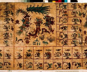 Representation av aztekiska gudar och rutor som motsvarar kalendern. Sida av det aztekiska manuskriptet på bark "Codex Borbonicus", precolombiansk inhemsk codex i centrala Mexiko, sent 1400-tal. Nationalförsamlingens bibliotek (Palais Bourbon). av Aztec