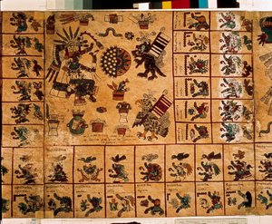 Representation av aztekiska gudar och rutor som motsvarar kalendern. Sida av det aztekiska manuskriptet på bark "Codex Borbonicus", precolombiansk inhemsk codex i centrala Mexiko, sent 1400-tal. Nationalförsamlingens bibliotek (Palais Bourbon). av Aztec