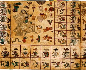 Representation av aztekiska gudar och rutor som motsvarar kalendern. Sida av det aztekiska manuskriptet på bark "Codex Borbonicus", precolombiansk inhemsk codex i centrala Mexiko, sent 1400-tal. Nationalförsamlingens bibliotek (Palais Bourbon). av Aztec