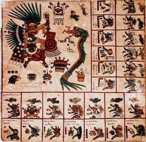 Representation av Quetzalcoatl och Tezcatlipoca, aztekiska gudar och lådor som motsvarar kalendern. Sida av det aztekiska manuskriptet på bark "Codex Borbonicus", precolombiansk inhemsk codex i centrala Mexiko, sent 1400-tal. National As