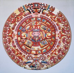 Förcolumbiansk civilisation: den aztekiska kalendern (solens sten): skiva som representerar den aztekiska kalendern och kosmogonin (Tonalpohualli)