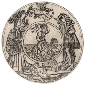 Aristoteles och Phyllis, omgivna av en ung man och kvinna med Eros, och liggande naken kvinna med två barn, andra hälften av 1400-talet