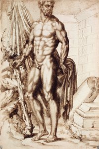 Hercules vände sig åt vänster, lutade sig mot sin klubba, håller i draperier, vid ruinerna av ett tempel, av Baccio Bandinelli