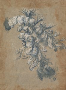 Design för en påkostad huvudbonad med fjädrar, ca. 1620-56.