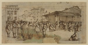 Marknadstorget i Florens, med figurer (krita, penna och bläck och tvätt på papper)