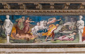 Procris spetsad av det aldrig felande spjutet, Cephalus springer mot henne och Aurora och Titone på en vagn dragen av fyra hästar