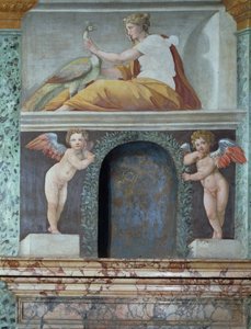 Sala delle Prospettive Hall of Perspective detalj av trompe loeil nisch som visar gudinnan Juno med en påfågel, fresk 1518-19