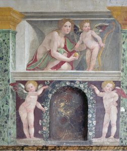The Hall of Prospective Hall of Prospective detalj av trompe loeil nisch föreställande Venus och Amor, fresk 1518-19