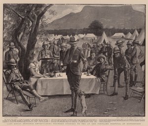 Lady Henry Bentinck bjuder sårade officerare på te på Portland Hospital i Rondebosch (litografi)