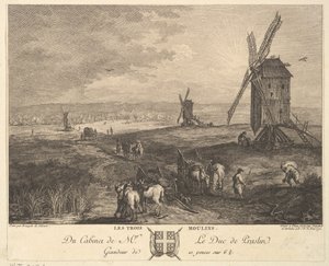 De tre väderkvarnarna Les Trois Moulins efter en målning i samlingen av Duc de P..., 1772