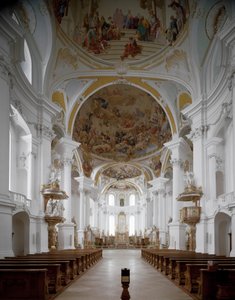 Invändig vy av klosterkyrkan av arkitekten Johann Balthasar Neumann (1687-1753) Neresheim, Tyskland