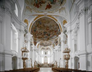 Invändig vy av klosterkyrkan av arkitekten Johann Balthasar Neumann (1687-1753) Neresheim, Tyskland