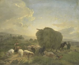 Landskap med får och en hövagn