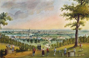 Druvskördefest i vingårdarna ovanför Heiligenstadt, med utsikt över Wien ... (gouache)