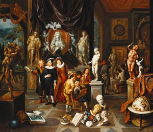Ett elegant par som besöker ett skulpturgalleri, med en konstnär som skissar och en skulptör på jobbet bortom, av Balthasar van den Bossche