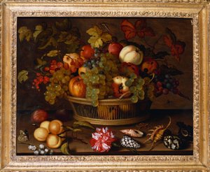 Vindruvor, äpplen, en persika och plommon i en korg med liljekonvalj av Balthasar van der Ast