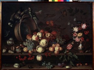 "Stilleben med frukter, blommor och papegojor" (även kallat "Stilleben med frukter, snäckor och insekter") Målning av Balthasar van der Ast (1593/4-1657 ) omkring 1620 Mått 75x104 cm Ermi Museum av Balthasar van der Ast