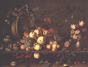 Stilleben med frukt, blommor och papegojor, tidigt 1620-tal (panel) av Balthasar van der Ast