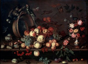 Stilleben med frukter, blommor och papegojor, 1620-talet av Balthasar van der Ast