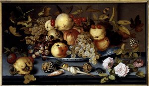 Stilleben av frukter, blommor, skal och insekter. Målning av Balthasar Van Der Ast (1590-1656) Ec. Hol
