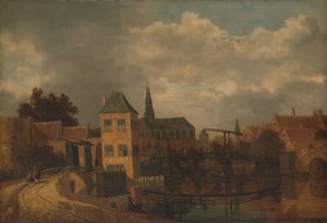 Utsikt över staden Haarlem, tagen från floden Spaarne, som visar Eendjespoort av Balthasar van der Veen