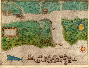 Augustine från Drakes West Indian Voyage 1585 - 86, pub. 1589 (handfärgad gravyr)