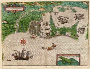 Cartagena, från Drakes West Indian Voyage 1585 - 86, pub. 1589 (handfärgad gravyr)
