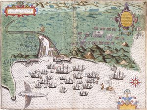 Utsiktsplan över Santiago, Kap Verdeöarna, som visar Sir Francis Drakes attack mot det spanska fortet den 17 november 1585, ca 1588-9