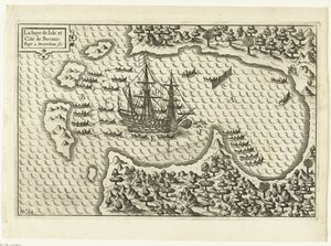 Ankomst till Borneo, 1600 La baye de Isle et Cite de Borneo (titel på föremål), RP-P-OB-75.411 av Baptista van Doetechum