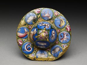 Skål med lock, fat och sked med astrologisk dekoration, tidigt 1800-tal