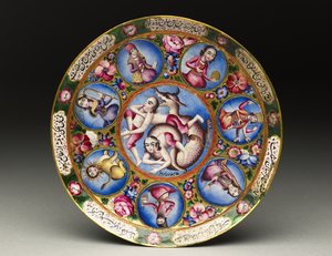 Skål med lock, fat och sked med astrologisk dekoration, tidigt 1800-tal av Baqir