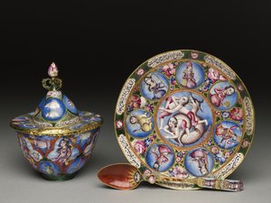 Skål med lock, fat och sked med astrologisk dekoration, tidigt 1800-tal